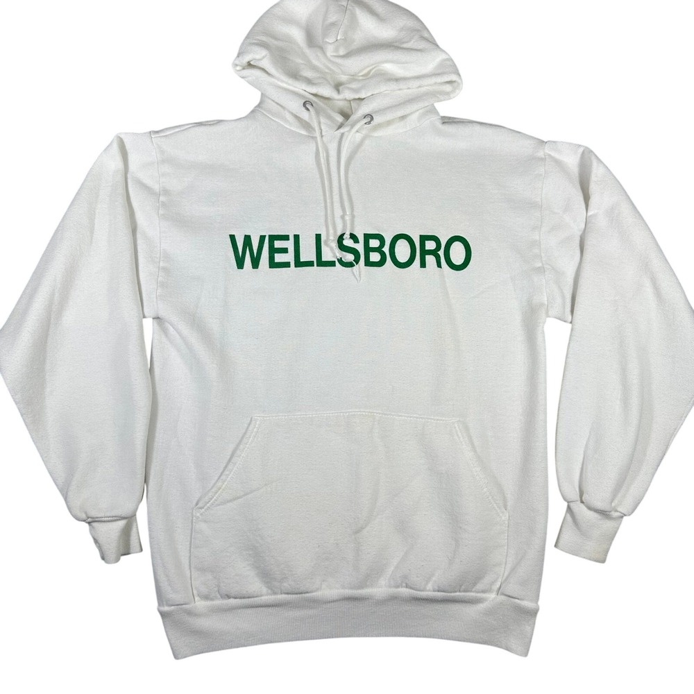 VINTAGE 90s Jerzees Hoodie Mens‎ Medium White Wellsboro Graphic Made in USA